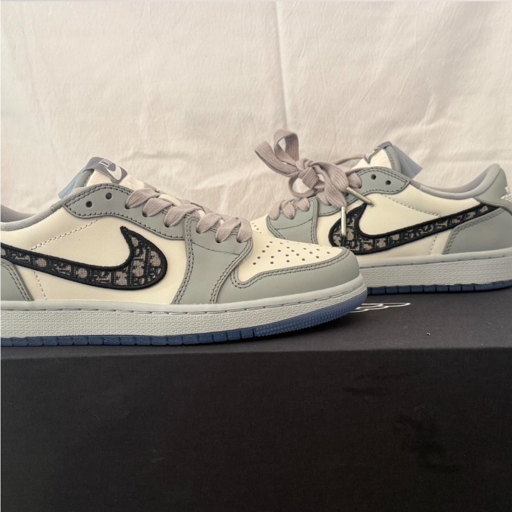 Dior x Air Jordan 1 Low Sneakers - gray & white leather w/Dior MM navy Swoosh. - Picture 4 of 9